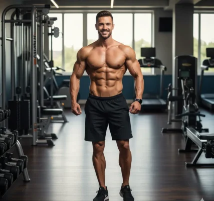 muscular man with six-pack abs smiling in a gym, perfect for workout and fitness inspiration