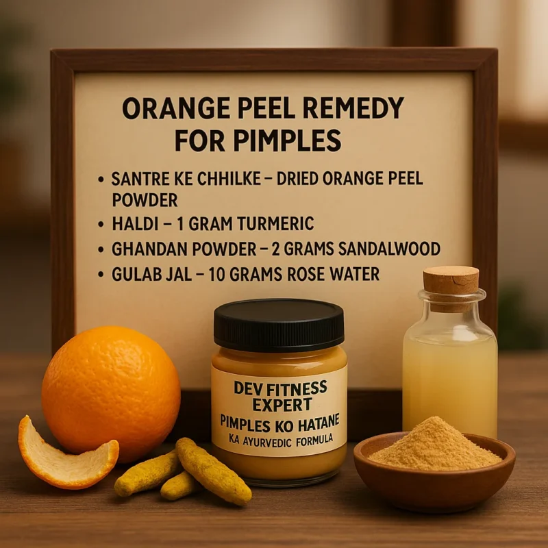 Ayurvedic pimple remedy ingredients with orange peel, turmeric, sandalwood powder, and rose water displayed on a wooden table beside Dev Fitness Expert Sandalwood Gel bottle.