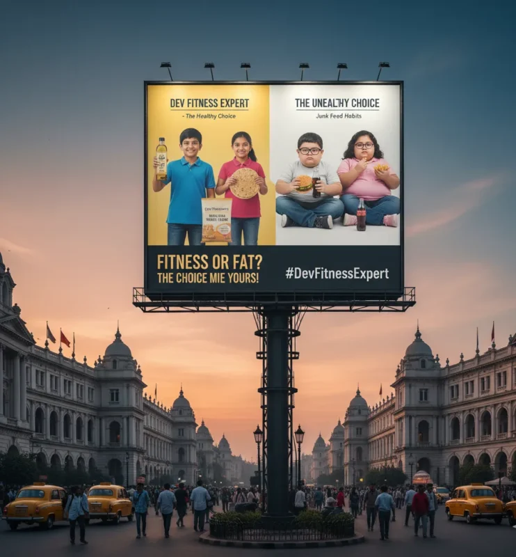 A healthy child using Dev Fitness products next to an overweight child eating junk food