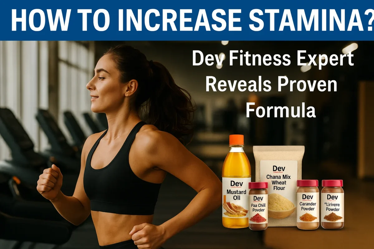 "Young woman running on treadmill with Dev Fitness Expert mustard oil, chana mix flour and pure spice products displayed for natural stamina boosting"