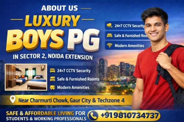 Luxury Boys PG in Sector 2 Noida Extension with fully furnished rooms, WiFi, and 24x7 CCTV security near Charmurti Chowk Greater Noida West