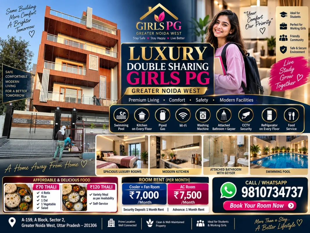 Luxury Double Sharing Girls PG in Greater Noida West with swimming pool